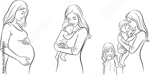 A set of line drawings depicting a woman's journey to motherhood on transparent background