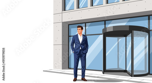 A confident businessman in a sharp blue suit stands outside a modern office building with a revolving door.