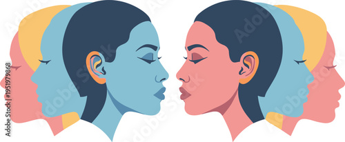A stylized illustration of multiple colored heads facing each other on transparent background