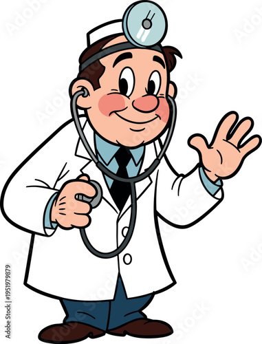 A friendly cartoon doctor waving and holding a stethoscope on transparent background