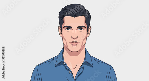 A handsome young man with neatly styled dark hair and a blue button-down shirt, presented as a clean digital illustration
