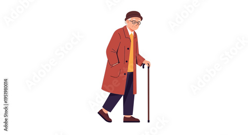 Elderly gentleman walking with a cane, depicted in a flat cartoon illustration style