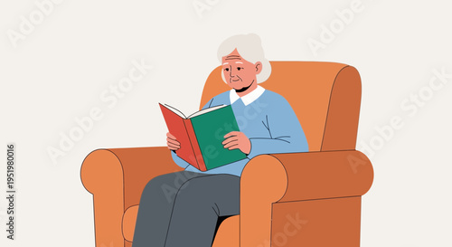 Elderly woman engrossed in a book while seated comfortably in an orange armchair, symbolizing peaceful leisure and lifelong learning.