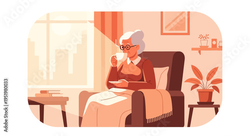Elderly woman enjoying a warm beverage in a cozy armchair, resting peacefully at home.