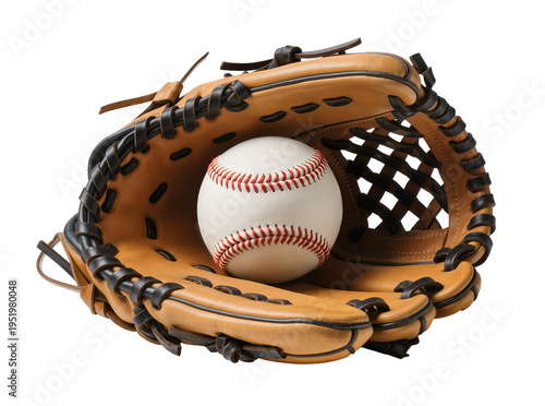 Fotografie Brown leather baseball glove with a white baseball featuring red stitching, isol