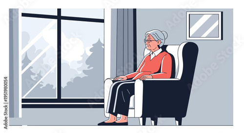 Elderly woman sitting in armchair gazing thoughtfully out window at winter scenery