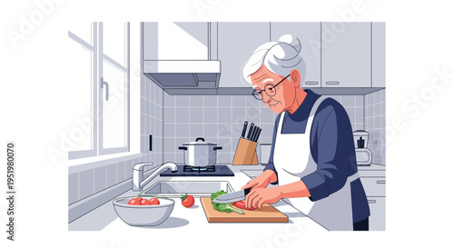Elderly woman in an apron skillfully chopping vegetables for a meal in a cozy kitchen setting