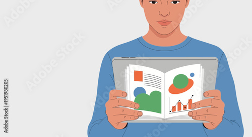 Person holding a tablet displaying an open book with charts and graphics