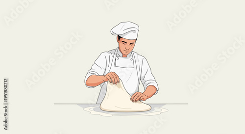 Professional chef wearing a white uniform and hat, expertly kneading a large ball of dough on a table