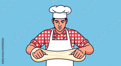 Skilled baker in chef attire expertly kneading dough for culinary creations