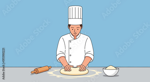 Baker in chef hat kneading dough with rolling pin and flour bowl nearby