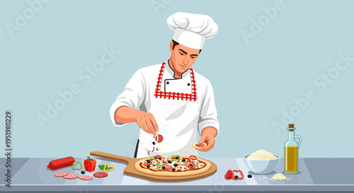 Skilled Chef Expertly Preparing a Delicious Pizza Topped with Fresh Ingredients