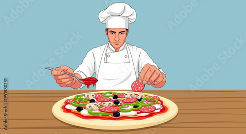 Skilled chef preparing a delicious pizza with fresh toppings and sauce on a wooden table