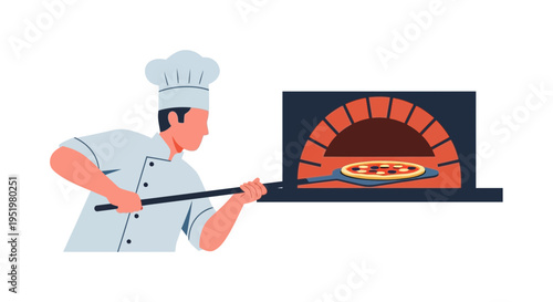 Chef baking a pizza in a wood-fired oven with a pizza peel
