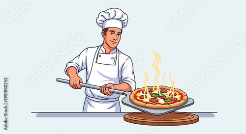 Skilled chef proudly presenting a hot, steaming pizza fresh from the oven