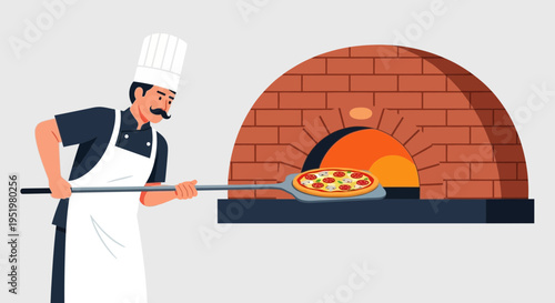 Chef placing a delicious pizza into a glowing brick oven with a long peel, showcasing culinary skill.
