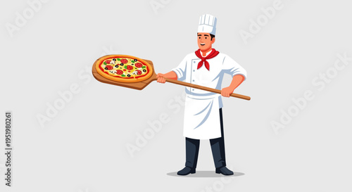 Smiling Chef Holding a Freshly Baked Pizza on a Wooden Peel, Ready to Serve Delicious Italian Cuisine