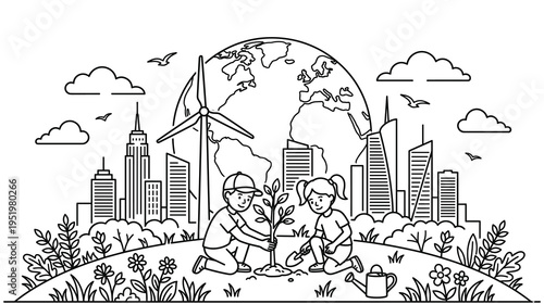 Children planting tree with city skyline and wind turbine background