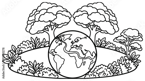 Planet earth surrounded by trees and bushes in circular environment