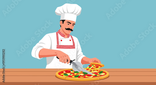 Skilled chef slicing a delicious pizza with a roller cutter on a wooden table in a kitchen setting.