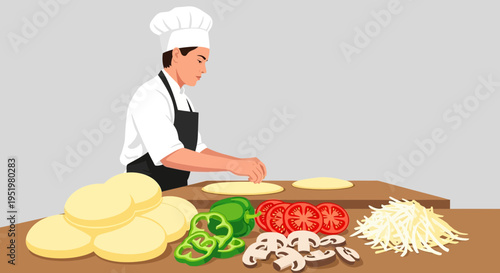 Skilled chef meticulously preparing pizza dough with fresh ingredients laid out on a wooden counter
