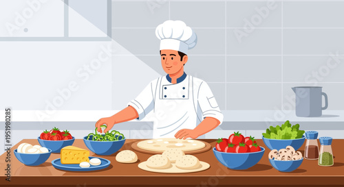 Skilled chef preparing delicious pizza with fresh ingredients in a bright kitchen setting, showcasing culinary passion.