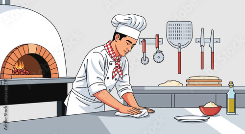 A dedicated chef in a clean kitchen meticulously wipes down the stainless steel counter, ready for culinary creation