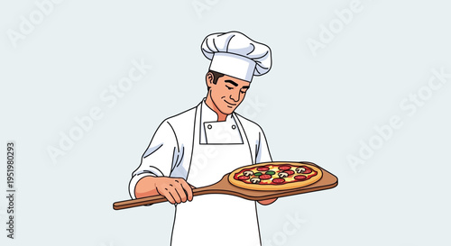 Smiling chef in uniform presenting a freshly baked pizza on a peel