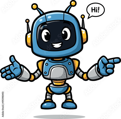 A cheerful cartoon robot with a speech bubble saying hi on transparent background