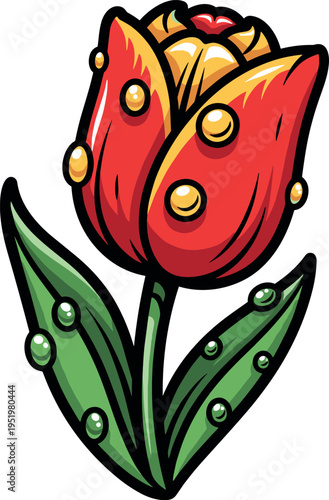 A vibrant cartoon tulip with dew drops on transparent background
