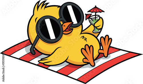 A cartoon yellow duck wearing sunglasses relaxes on a beach towel on transparent background