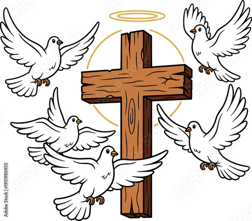 An illustration of a Christian cross with doves and a halo on transparent background