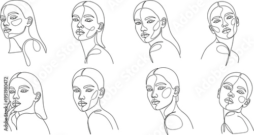 A collection of eight different line drawings of a woman's face on transparent background