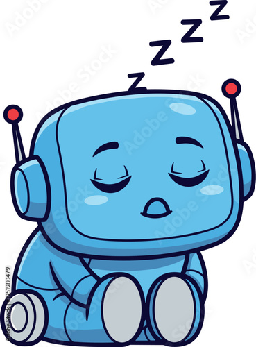 A blue cartoon robot character sleeping peacefully on transparent background
