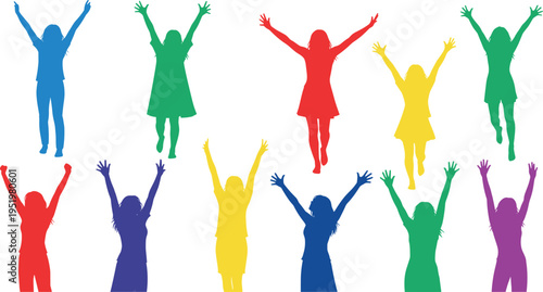 A group of colorful people jumping up in the air on transparent background