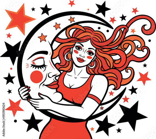 A cartoon woman in a red dress holding a clown mask on transparent background