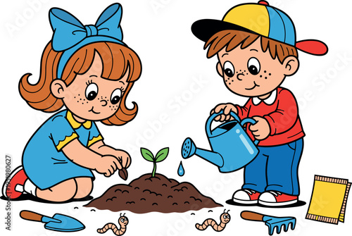 Two children planting a seedling on transparent background