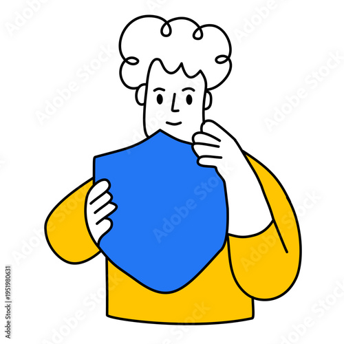male character protecting himself with large blue shield for security branding concept