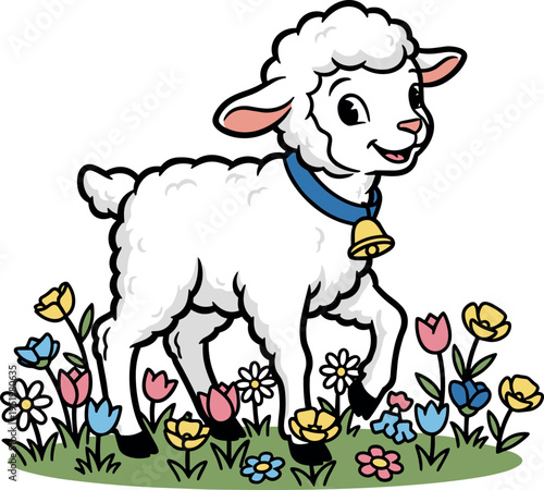 A white cartoon lamb standing in a field of colorful flowers on transparent background