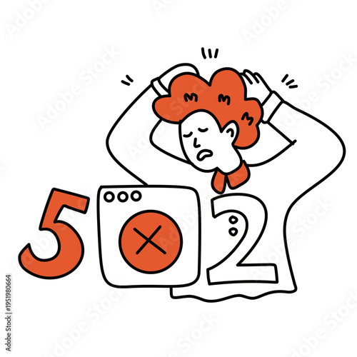 Man frustrated by server gateway timeout error number five zero and two