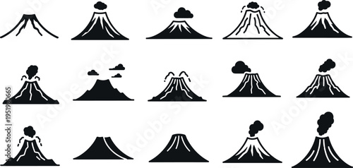 A collection of black volcanic eruption icons on transparent background