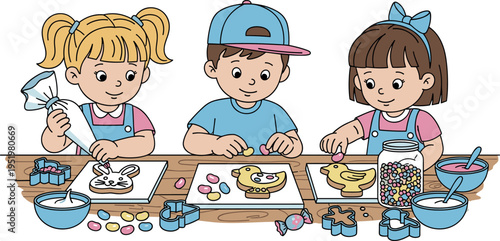 Three children decorating Easter cookies on transparent background