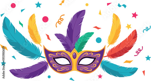 A colorful Mardi Gras mask with feathers and confetti on transparent background