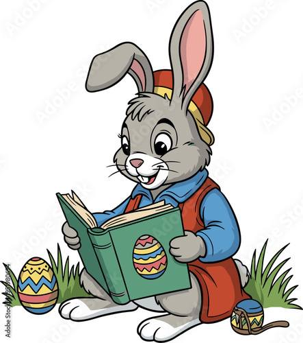 A cartoon Easter bunny reading a book on transparent background