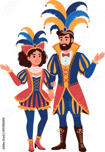 A man and woman dressed in colorful jester costumes on transparent background