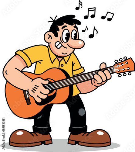 A cartoon man playing an acoustic guitar on transparent background
