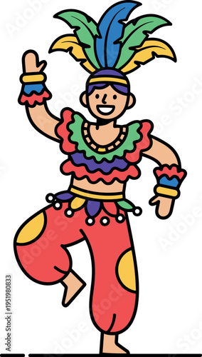 A colorful cartoon dancer wearing a feathered headdress on transparent background