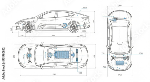 Electric Car Blueprint Technical Drawing Specifications.
