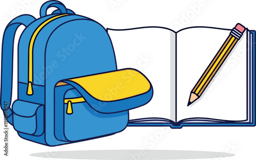 A blue backpack with yellow accents next to an open book and pencil on transparent background