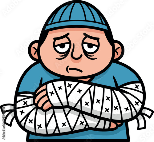 A cartoon man with a bandaged arm looking sad on transparent background